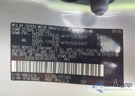 2015 Toyota Sienna Xle/Limited from USA, damaged, VIN 5TDYK3DC6FS637712